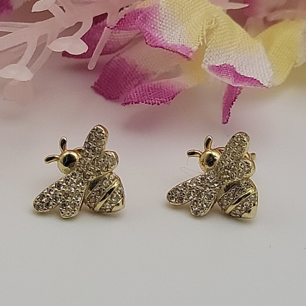 925 ATI CN Figural Honey Bee Stud Earrings Gold Tone Clear Cubic Zirconia Pave